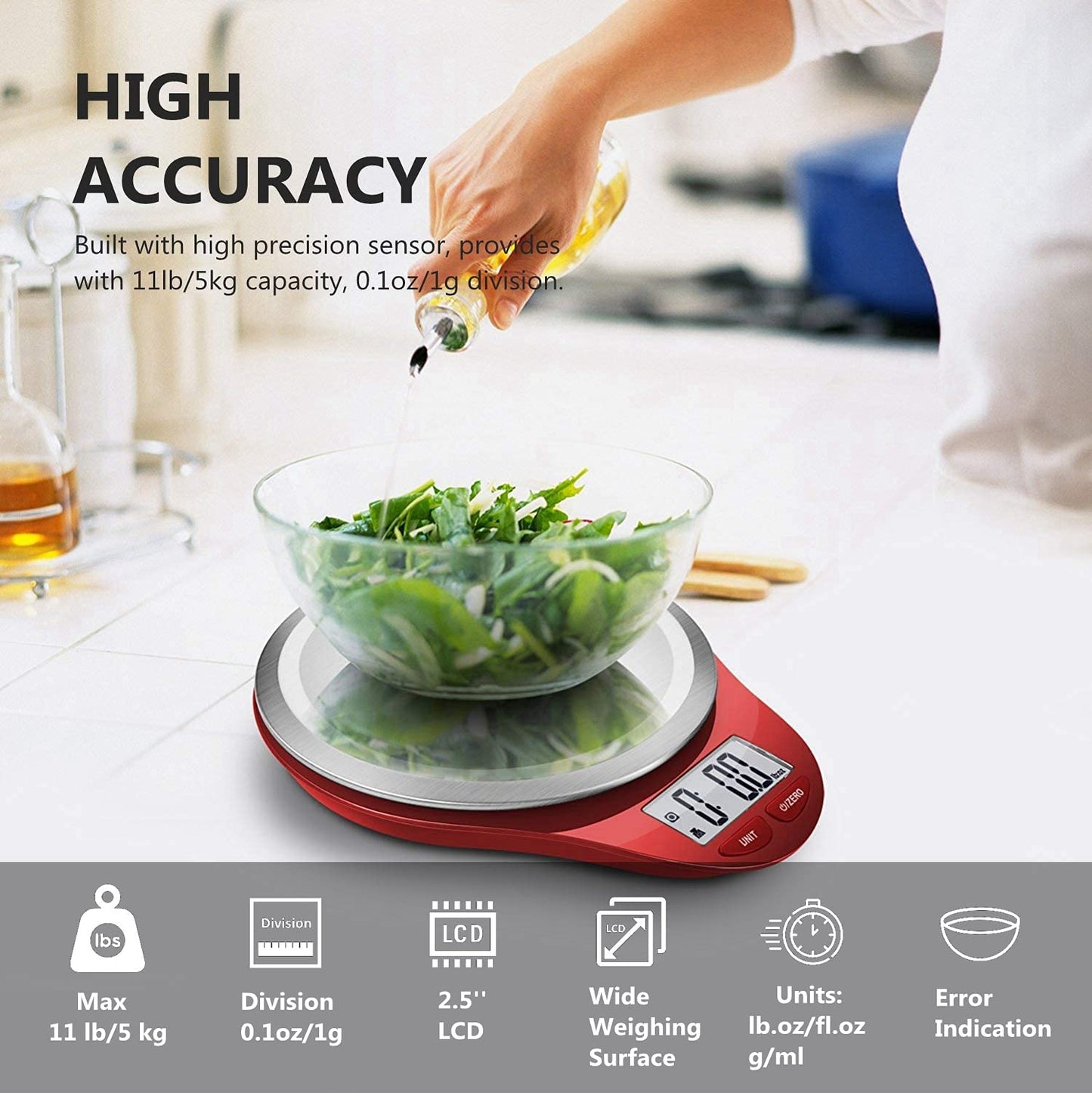 Digital Kitchen Scale with Wide Stainless Steel Plateform High Accuracy Multifunction Food Scale with LCD Display for Baking Kitchen Cooking,Tare & Auto off Function (Red)