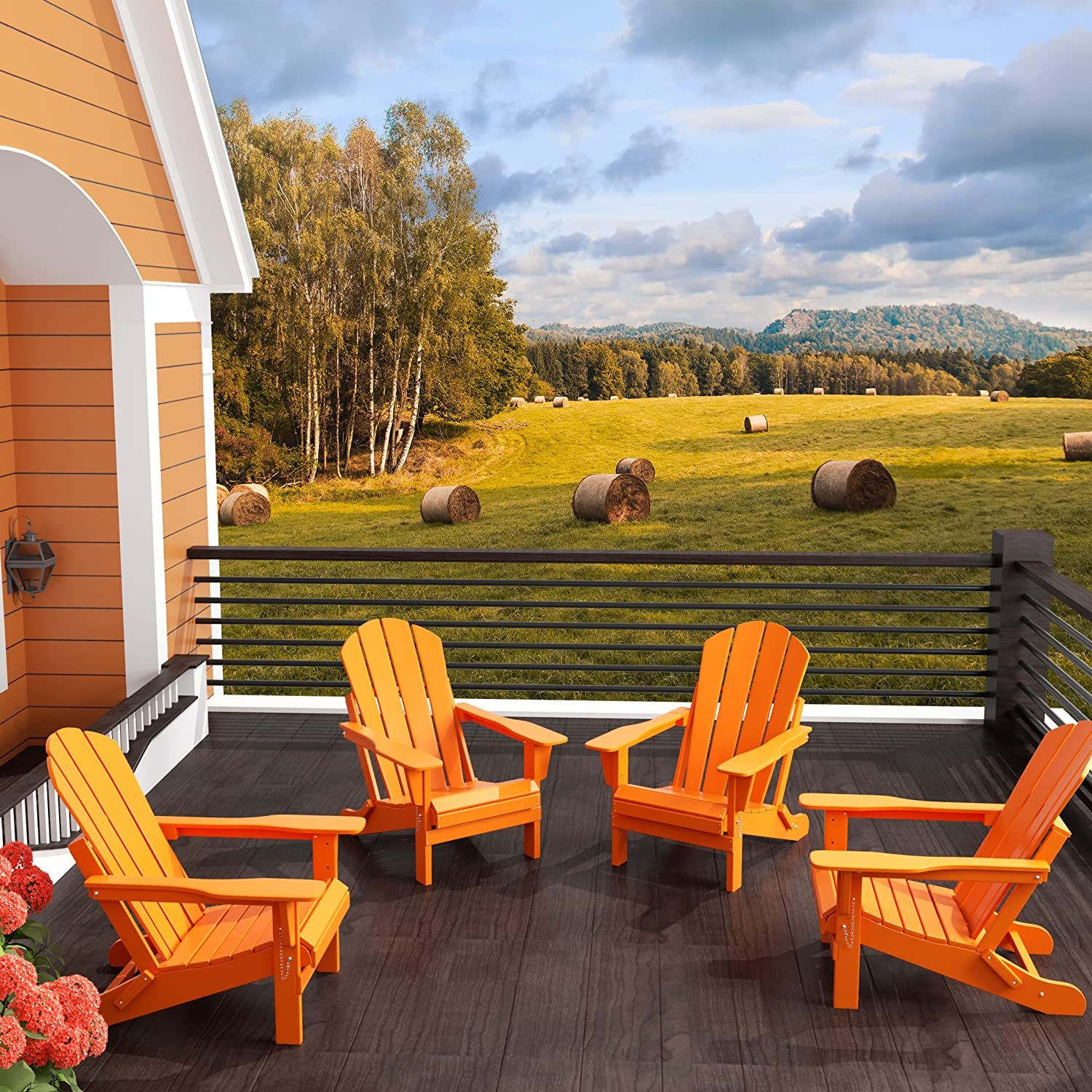 WO Outdoor Adirondack Folding Chair 4 PC Set Loungers Traditional Retro Furniture Aesthetic for Beach, Balcony, Home, Backyard, Lawn, Patio, Pool, Deck, Garden (Orange)